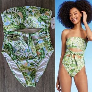 Shade & Shore Women's Bandeau Tie-Front Cutout One Piece Swimsuit Tropical Print